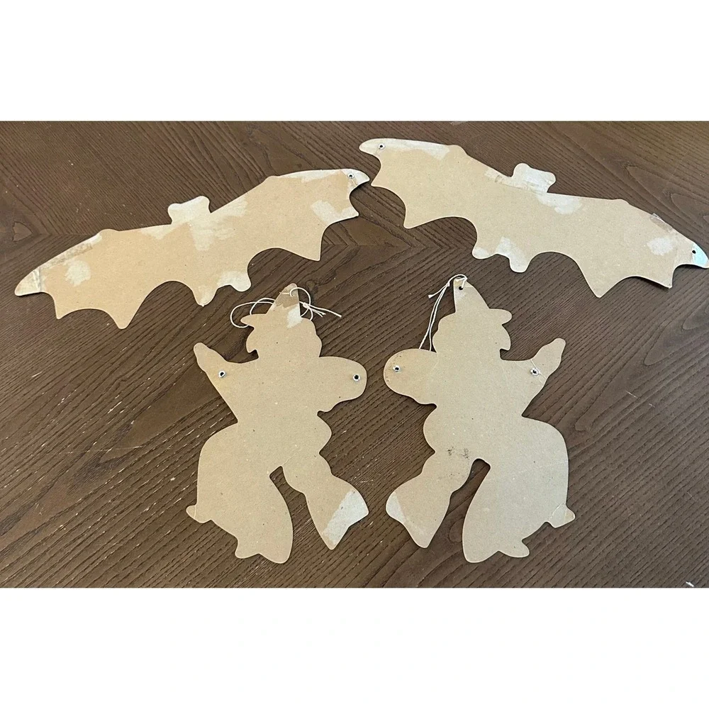 Vtg Japan Halloween Die Cut Decorations Set of 4 Black White Bats Witches Paper